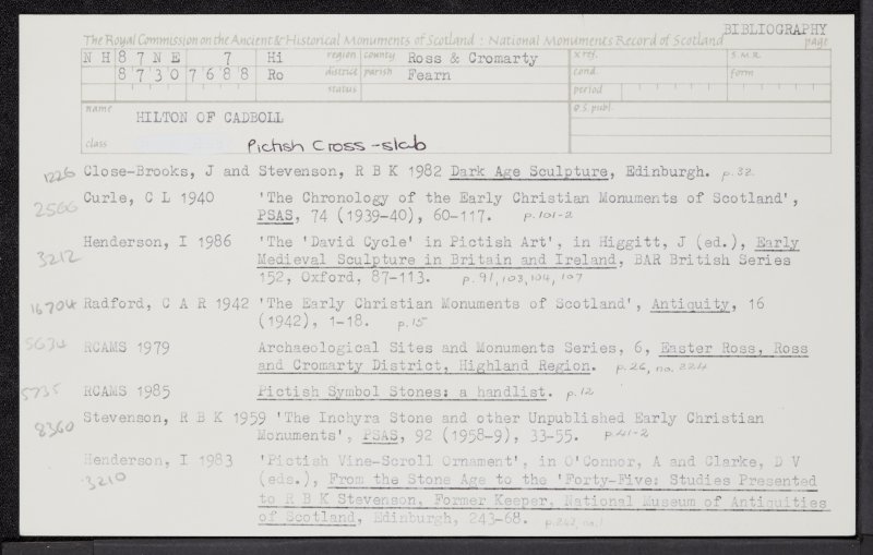 Hilton Of Cadboll, 'Cadboll Stone', NH87NE 7, Ordnance Survey index card, Recto